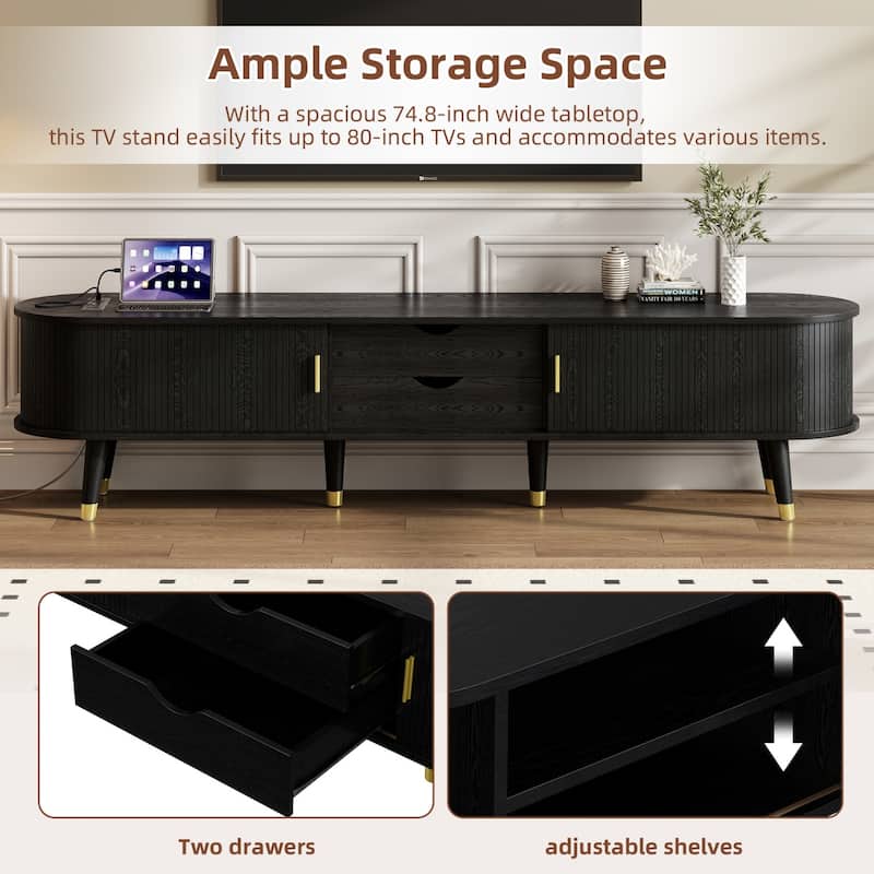 Farmhouse TV Cabinet with Golden Handle,Charging Station and Sliding Tambour Door