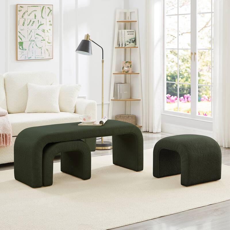 3-Piece End of Bed Bench Set with 2 Small Benches, Teddy Ottoman Bench Sofa Footrest for Entryway, Living Room - Dark Green