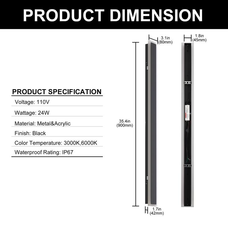 YANSUN Outdoor Wall Light, 24W 90CM, 3000K/6000K Adjustable Warm/Cold Light, Waterproof LED,Black with Button Color Control