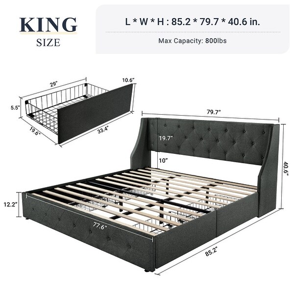 King Size Bed Frame with 4 Storage Drawers and Wingback