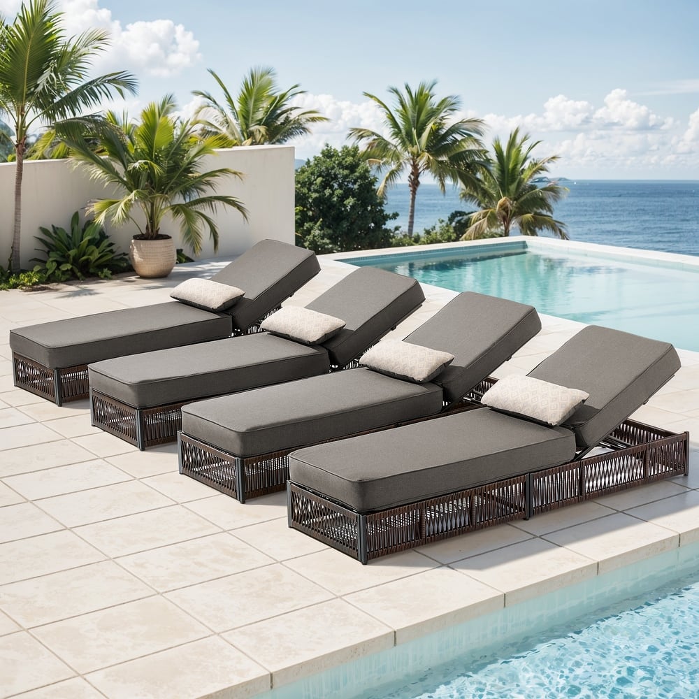 ArcoBay Brown Wicker Outdoor Patio Chaise Lounge with 5-Inch Thick Cushions (4-Pack)