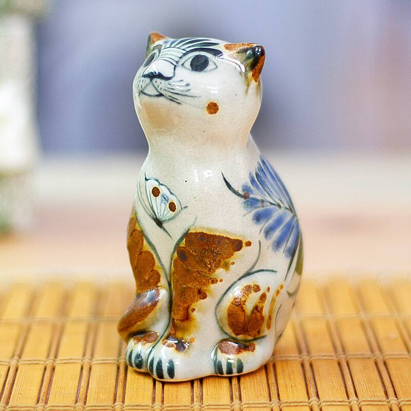 Novica Handmade Traditional Cat With Dove Ceramic Figurine