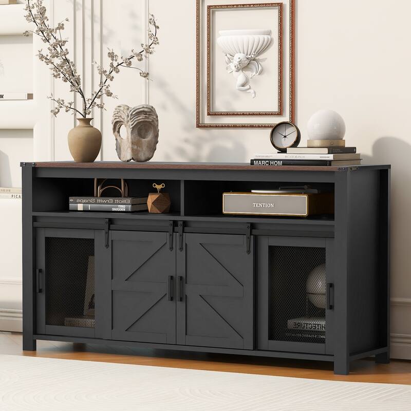 Shiny 59.3" Sideboard with Sliding Barn Door and Open Storage - Black