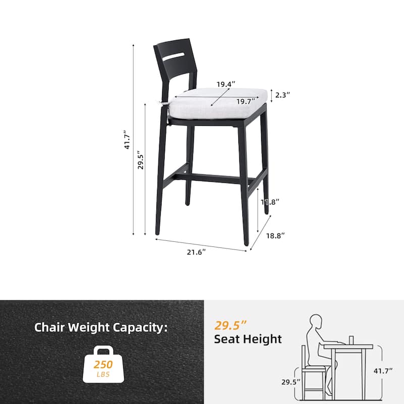 2-Piece Aluminum Bar Stools - Ember Black, Sunbrella Cushion, Tapered Legs - 21.6" D x 18.8" W x 41.7" H