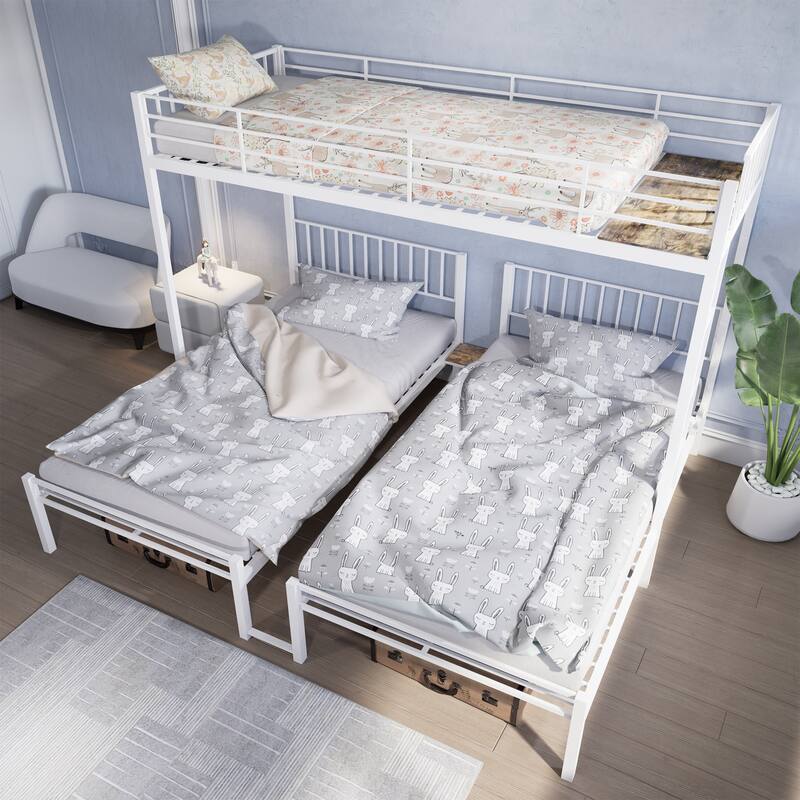 Twin Triple Bunk Bed for Kids, 3 Bed Bunk Beds for 3, Metal Triple Bunk Beds, Separates Into 3 Twin Beds - White
