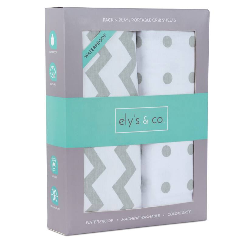 Ely's & Co. Waterproof Pack n Play - Mini Crib Sheet Set - 2 Pack - 38" x 24" - Grey Chevron & Polka Dot