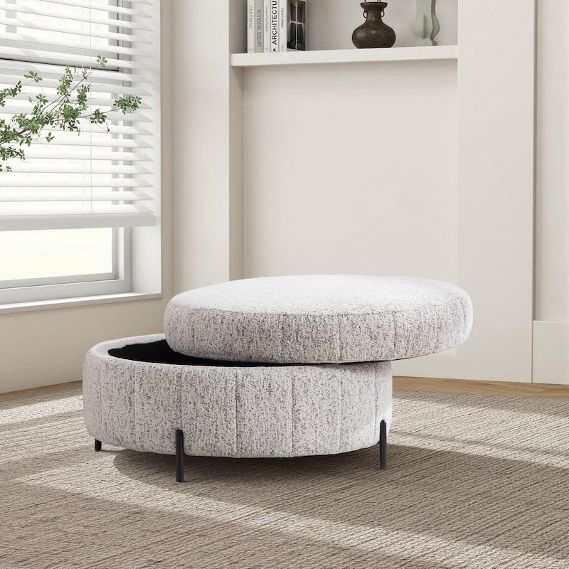 31.3"W Round Storage Ottoman, Footstool with Reversible Lid,Coffee Table,Metal Legs