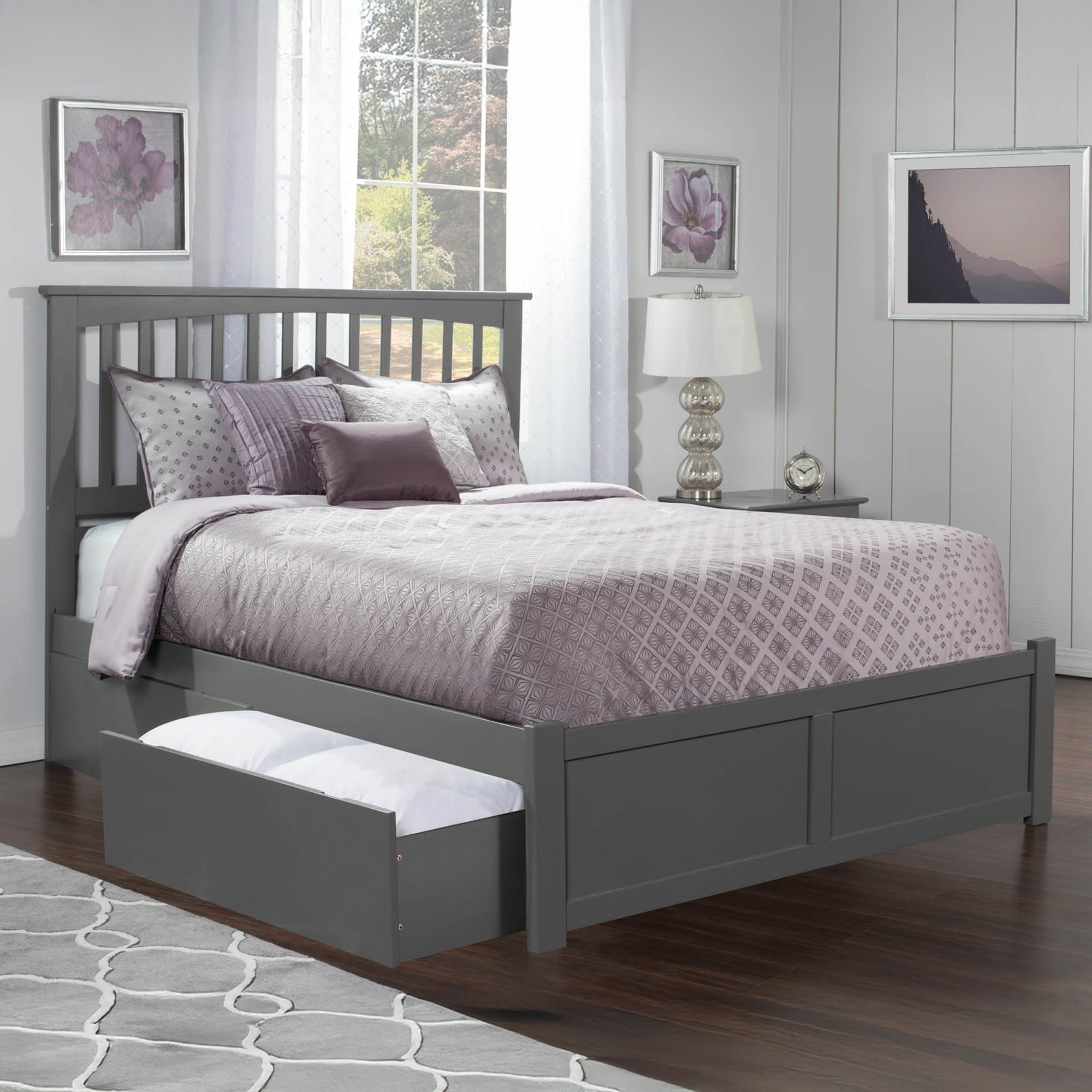 Mission King Platform Bed with 2 Drawers in Grey