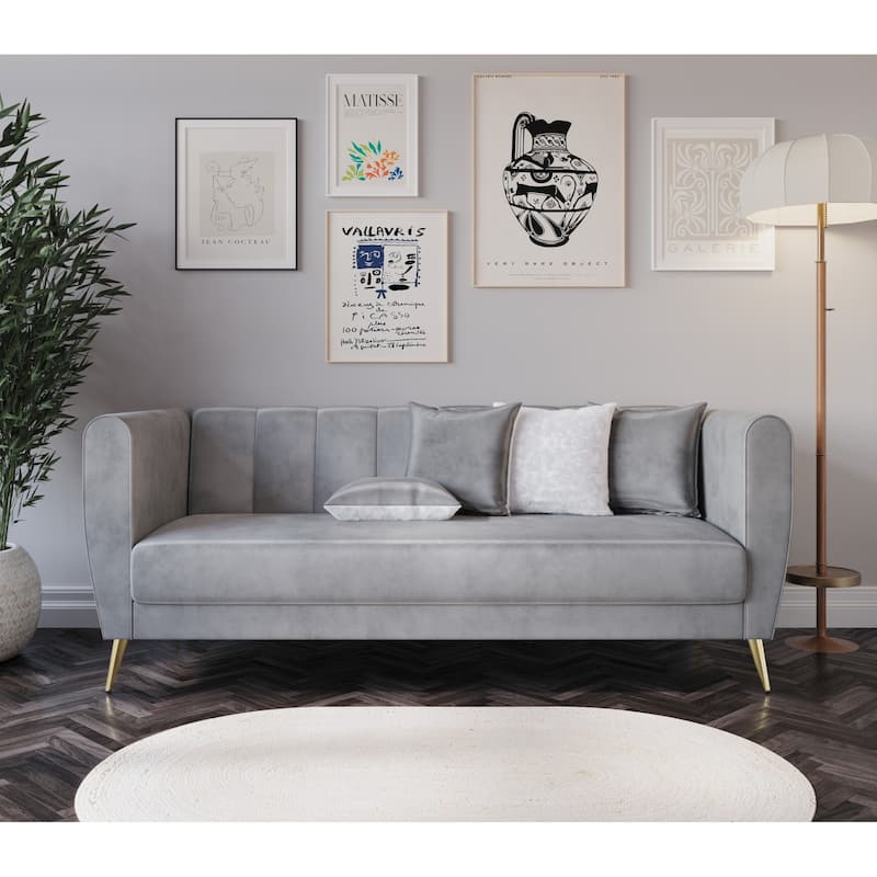 Scarlett Velvet Flared Arm 3-Seater Sofa with 4 Throw Pillow - Silver Grey