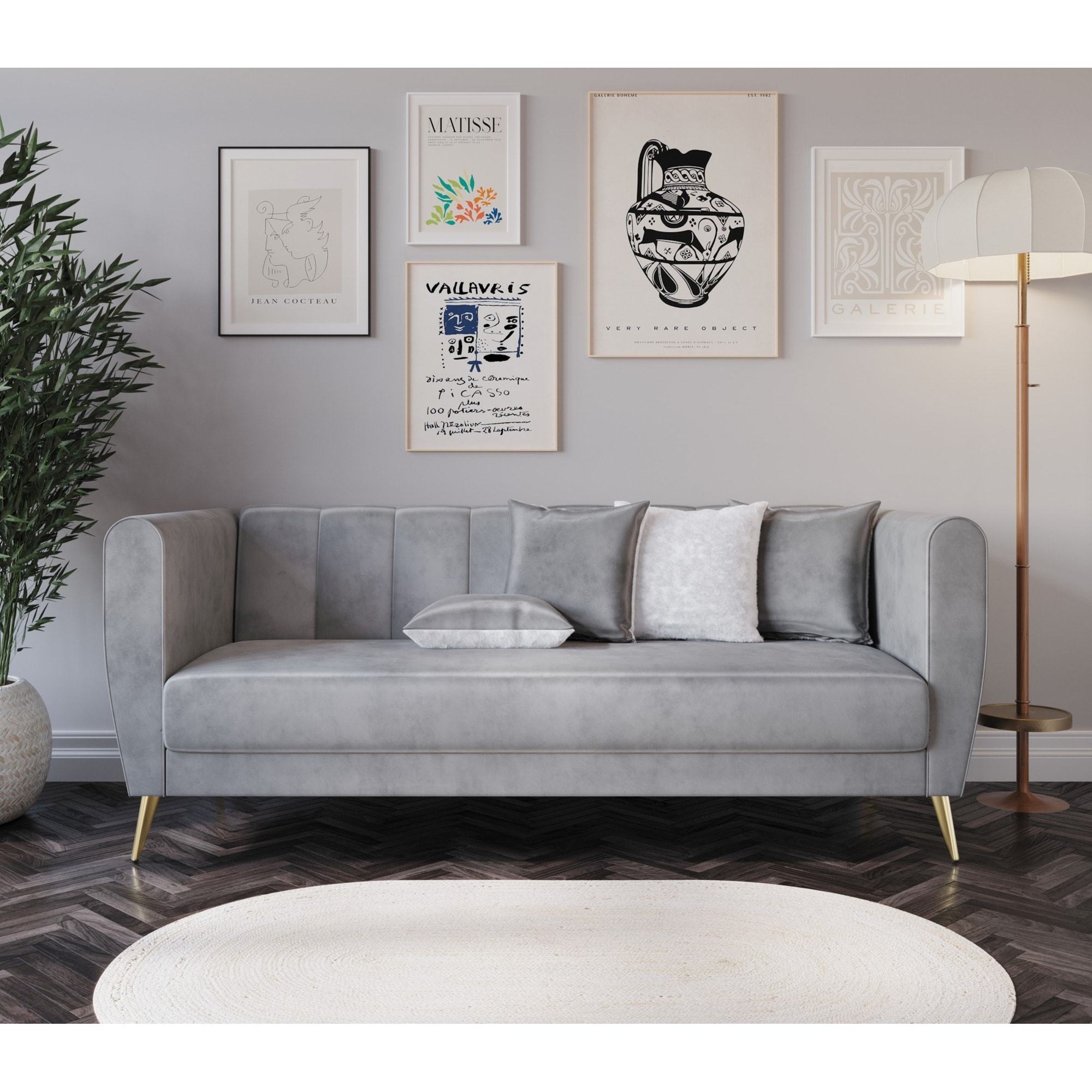 Scarlett Velvet Flared Arm 3-Seater Sofa with 4 Throw Pillow