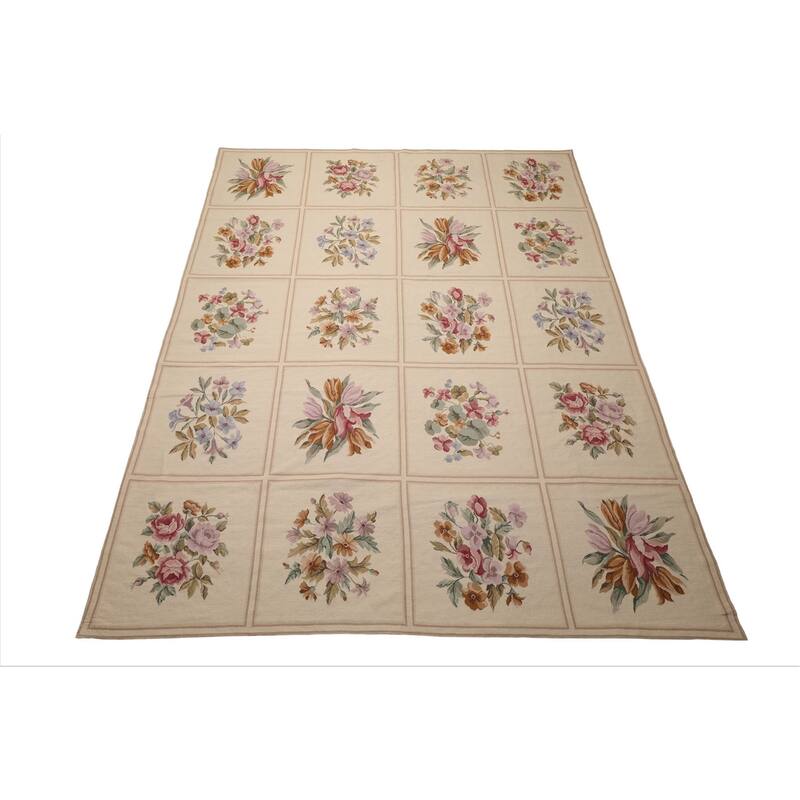 8x10'7'' Hand Woven Wool Ivory French Aubusson Needlepoint Area Rug - 8' x 10' 7''