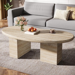 45 Inches Oval Coffee Table with Asymmetric Pedestal Legs for Living Room