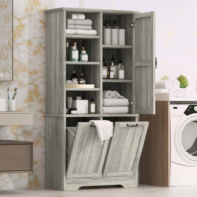 Bathroom Storage Cabinet with Doors,Drawers,Tilt-Out Laundry Hamper,and Adjustable Shelves