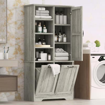 Bathroom Storage Cabinet with Doors,Drawers,Tilt-Out Laundry Hamper,and Adjustable Shelves