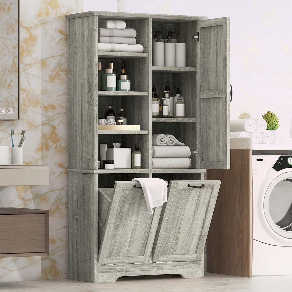 Bathroom Storage Cabinet with Doors,Drawers,Tilt-Out Laundry Hamper,and Adjustable Shelves