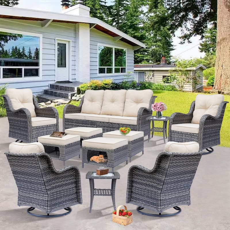 Gray Wicker Rattan Outdoor Patio Furniture Set Swivel Chair with Cushion - 11 Pieces - Beige