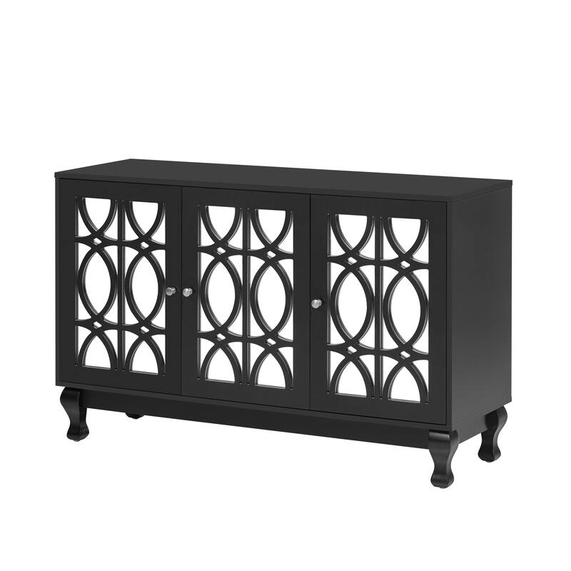Roomfitters Mirrored TV Stand for up to 55 Inch TV, Modern Entertainment Console with Adjustable Shelves and Metal Handle, Black
