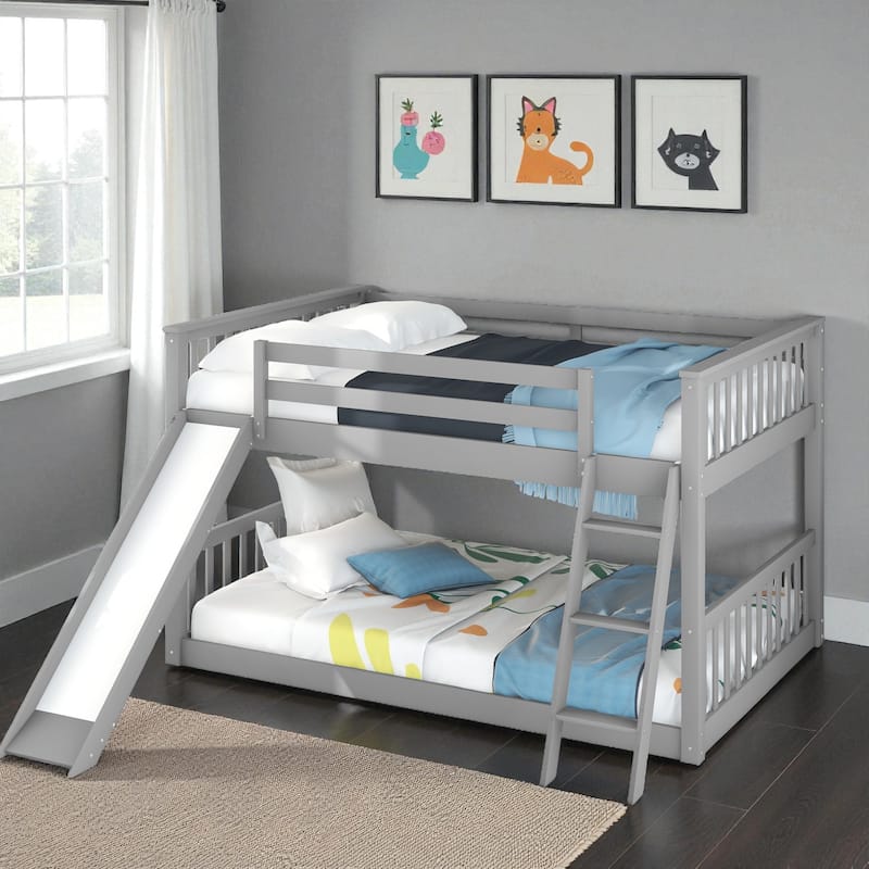 Twin Over Twin / Full Over Full Wooden Bunk Bed with Convertible Slide and Ladder, Guardrails, No Box Spring Needed - Grey - Full