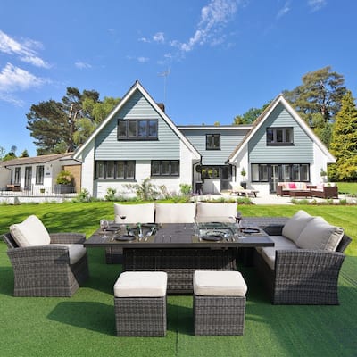 7-Piece Patio Sofa Set with Firepit and Ice Container Dining Table