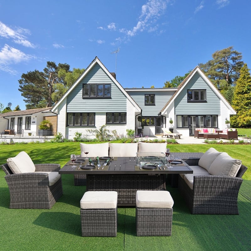 7-Piece Patio Sofa Set with Firepit and Ice Container Dining Table