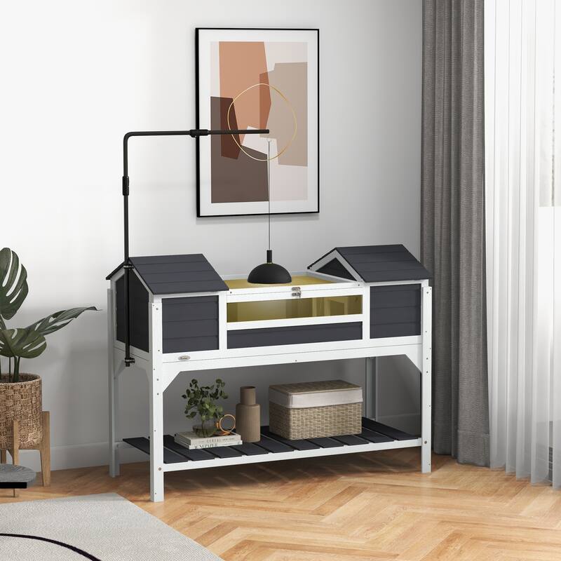 PawHut Tortoise Habitat with Adjustable Lamp Holder, Wooden Tortoise Enclosure with Storage Shelf, Dual Main Houses