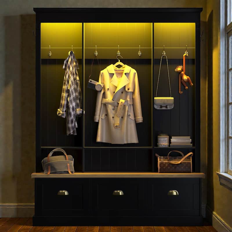 LED Hall Tree with Storage Bench, APP Controlled Light Entryway Organizer with 9 Hooks and Shoe Cabinets