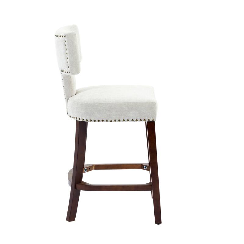 Linen Fabric Curved Backrest Counter Height Bar Stools Set of 2, Upholstered Kitchen Chairs with Nailhead Trim, Solid Wood Frame