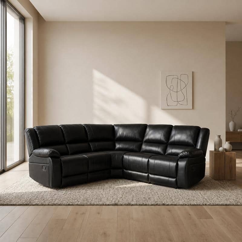 Faux Leather Reclining Sectional Sofa with Drop Down Table, Living Room Set