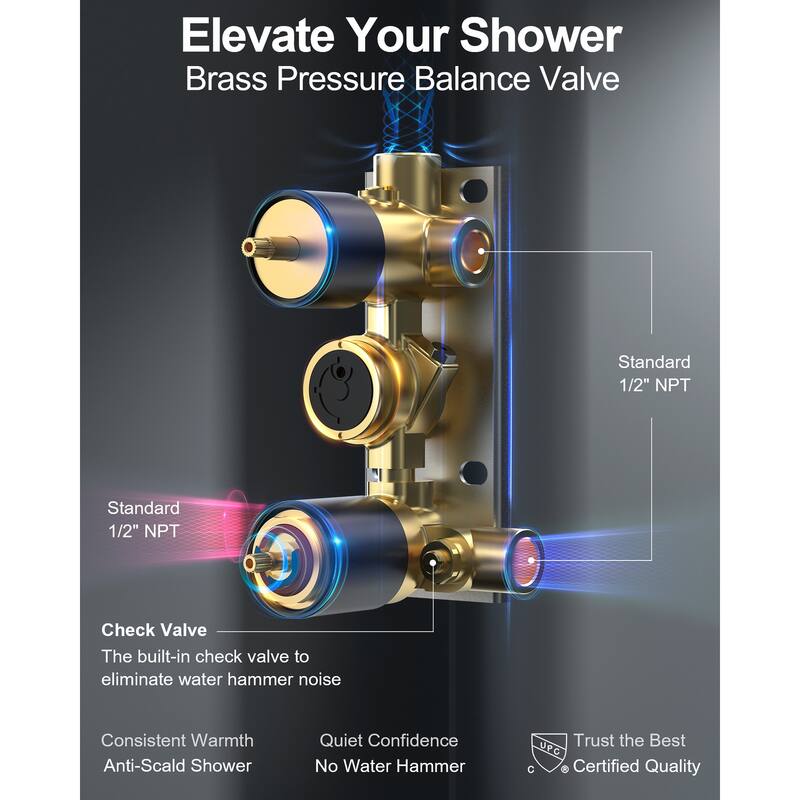 GRANDJOY 12 Inch Wall Mounted Digital Temperature Display Shower System Rainfall Shower Head with 6 Body Jets