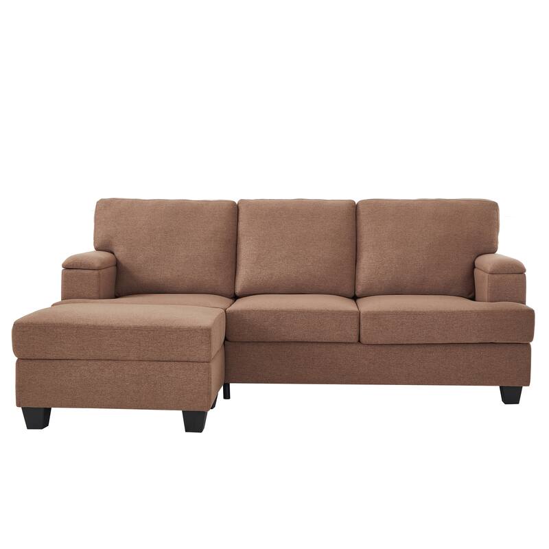 L Shaped 3 Seats Sofa with Armrest Organizer, Linen Sectional Sofa with Movable Ottoman, Comfy Upholstered 3 Seater Couch,