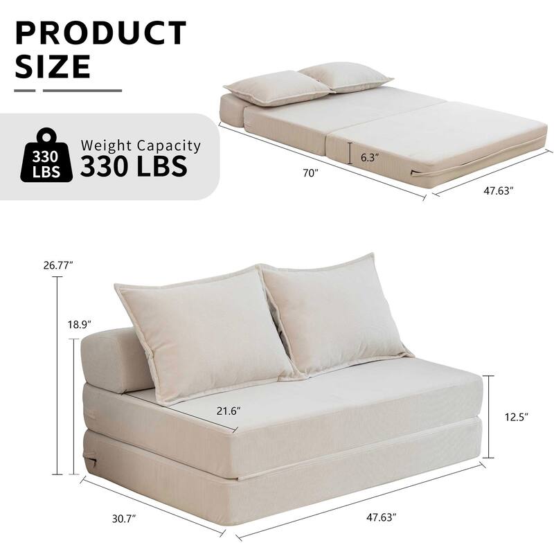 47.63" Corduroy 2-Seater Sleeper Sofa, Floor Mattress and Backrest