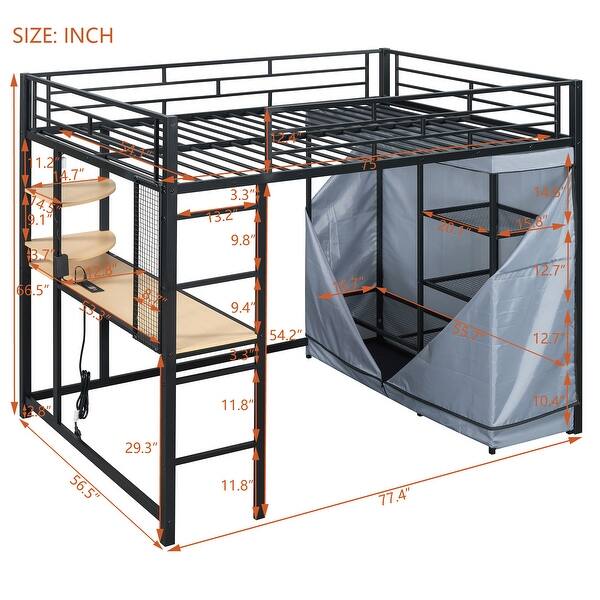 dimension image slide 2 of 4, Loft Metal Bed with Desk,Shelves,Power Outlet,LED Light and Wardrobe