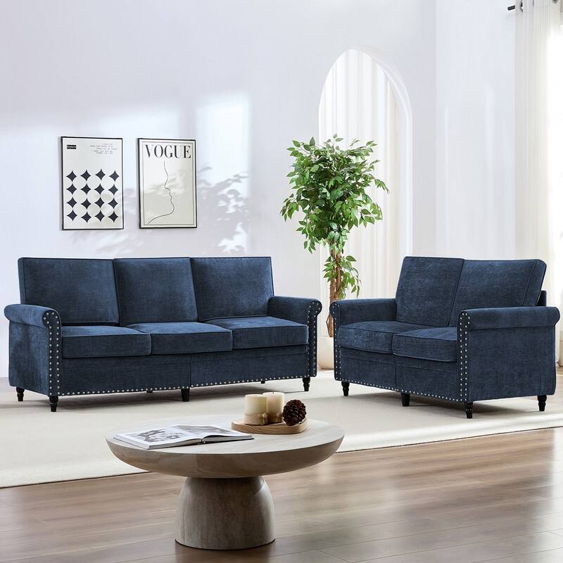 Mixoy 2 Piece Living Room Sofa Set with Riveted Design,Chenille Nailhead W76''3-Seater Sofa Couch with W53''Loveseat Sofa - Blue - 3+2