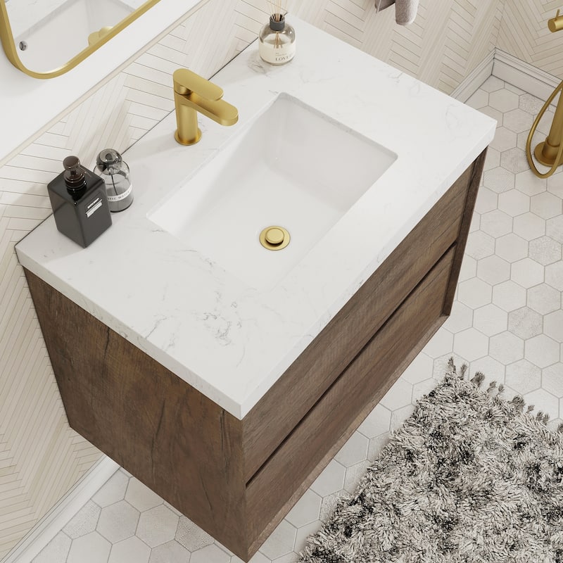 Sylphar 30 inch Bathroom Vanity with Sink, Floating Oak Cabinet with Stone Top