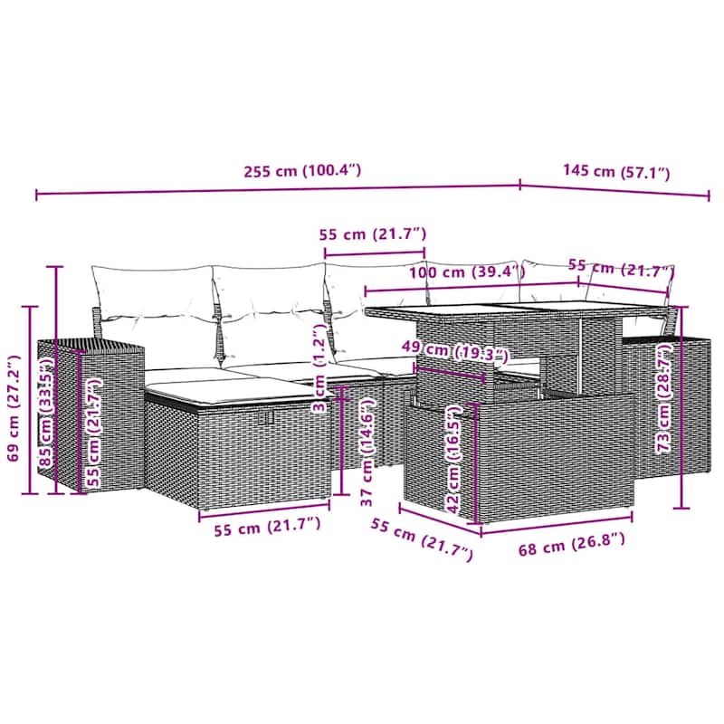 vidaXL Patio Sofa Set with Cushions Outdoor Furniture 7 Piece Poly Rattan