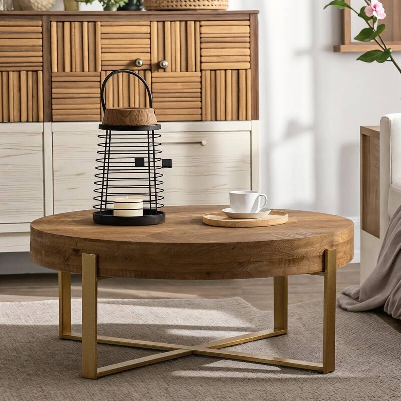 33.86"Modern Retro Splicing Round Coffee Table,Fir Wood Table Top with Gold Cross Legs Base
