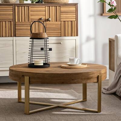 33.86"Modern Retro Splicing Round Coffee Table,Fir Wood Table Top with Gold Cross Legs Base