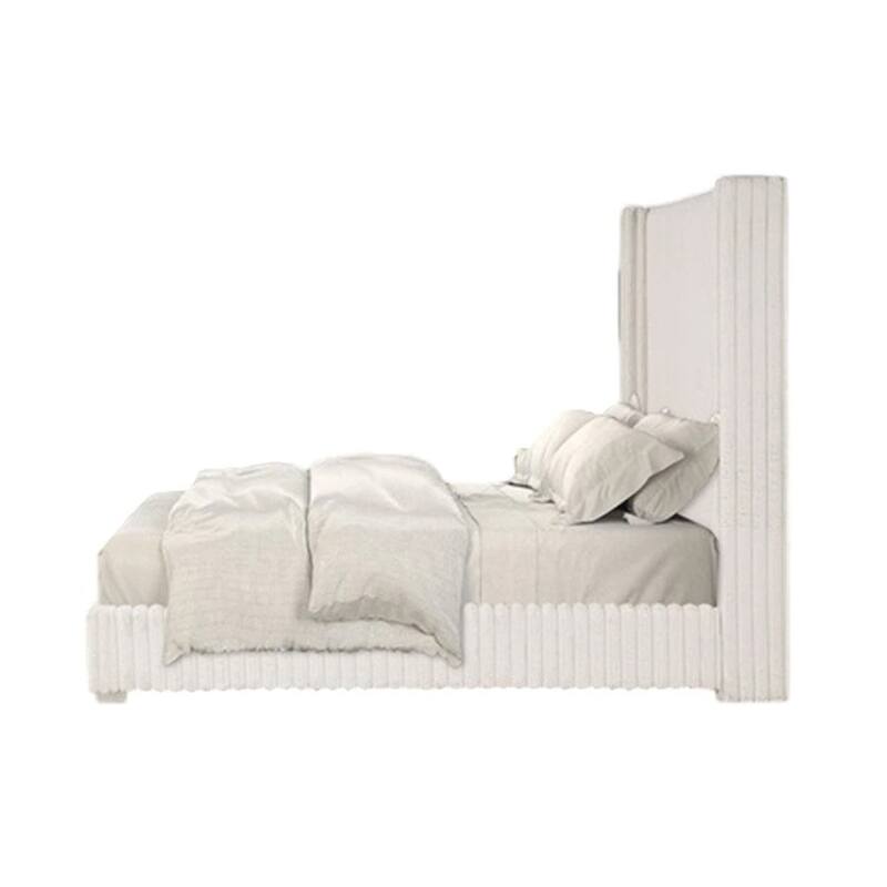 Wolo Full Bed, White Fur Chenille Ribbed Upholstery, Wing Headboard