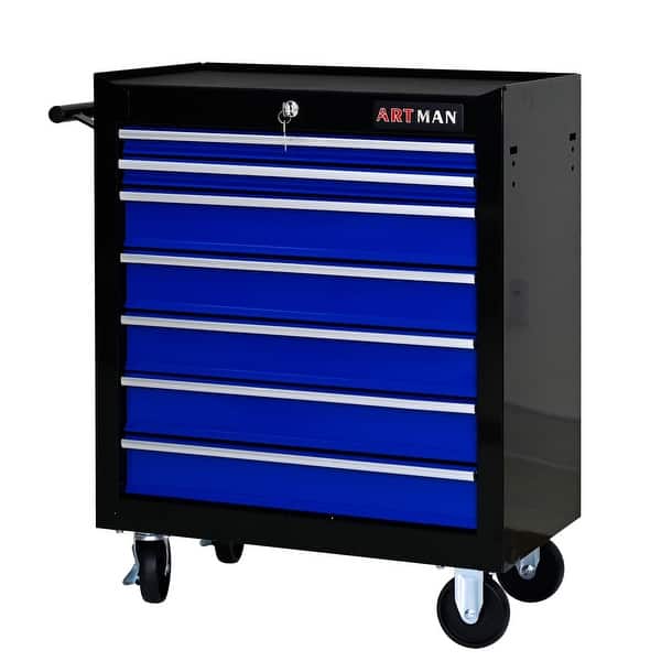 slide 2 of 10, 7 Drawer Rolling Tool Cart Lockable Steel Tool Chest with Wheels Blue/Black