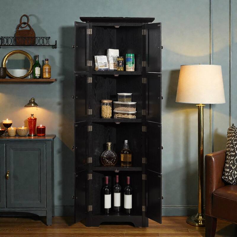 72 Inch Corner Kitchen Pantry Cabinet with 8 Doors, 4-Tier Tall Storage Cabinet for Living Room, Bathroom, Farmhouse Style