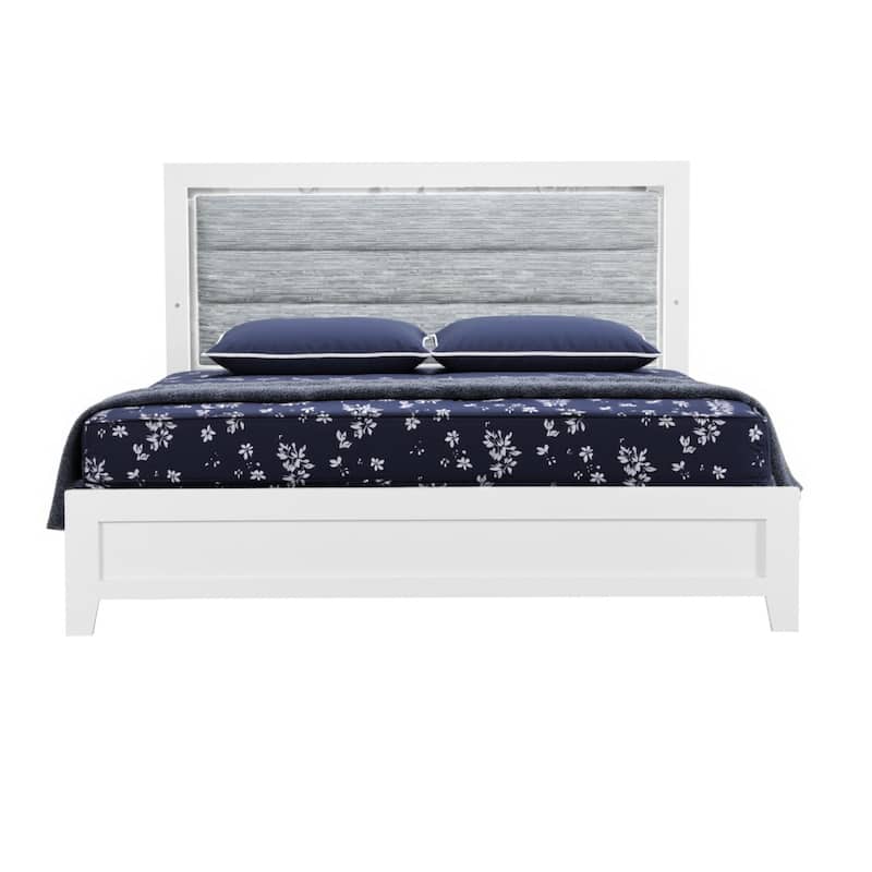 HomeRoots White and Light Gray Ribbed Texture Wood And Upholstery Lighted Queen Bed Frame