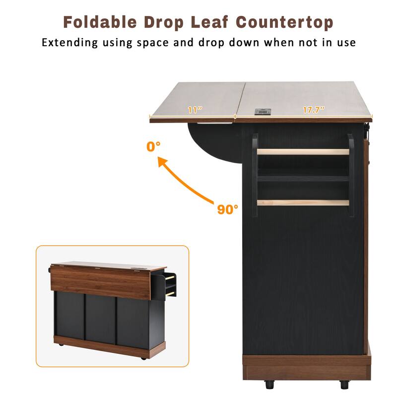 55.5" Farmhouse Kitchen Island with Drop Leaf, Rolling Kitchen Cart on Wheels with Spice Rack