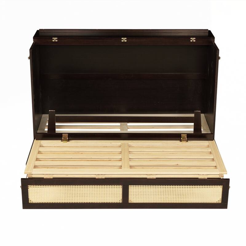 Pine Wood Cabinet Bed with Rattan Decoration and Storage Drawer