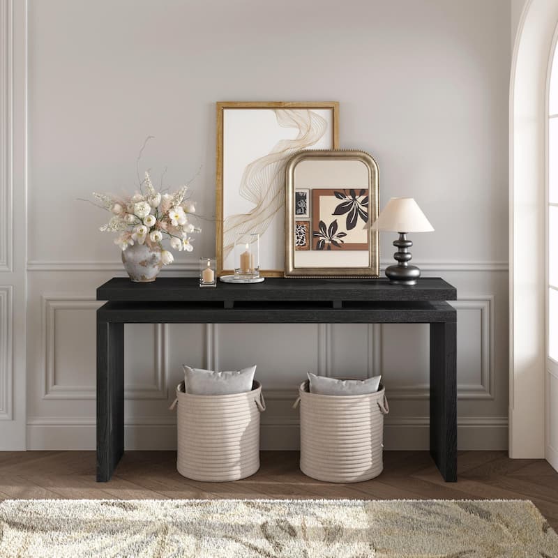 60'' Farmhouse Console Table - Retro Wooden Entryway Table with Double Board Suspension Design - Black