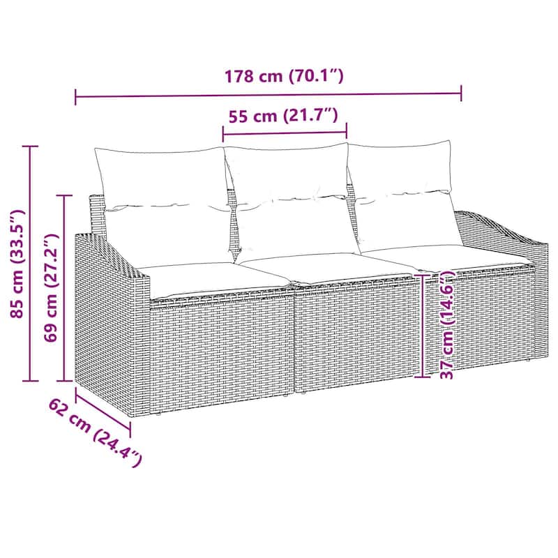 vidaXL 3 Piece Garden Sofa Set with Cushions - 70.1×24.4×27.2
