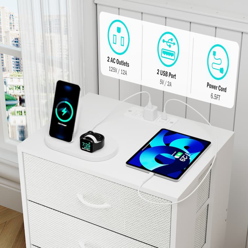2 Pack Modern LED Nightstand with Charging Station and Fabric Drawers
