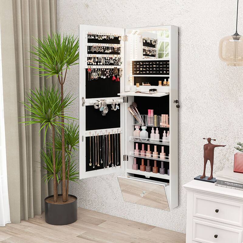 Gymax Wall Mounted Jewelry Cabinet Armoire Full-Length Mirror w/ LED