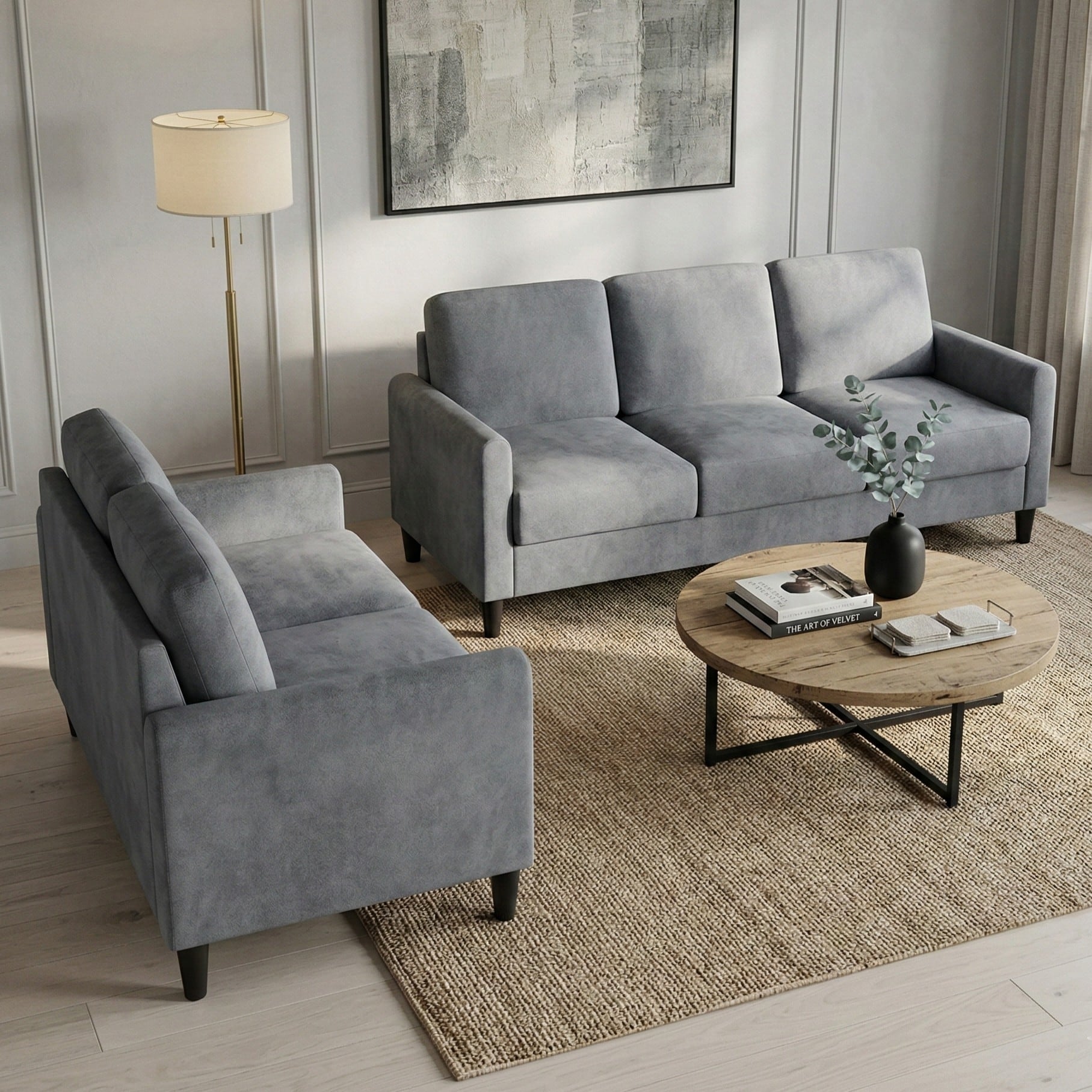 Clayfell Goliad 2-Piece Velvet Living Room Set with Loveseat and Sofa, Soft Cushions, Clean Lines Design