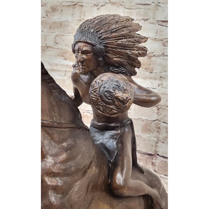 Frederic Remington Warrior Bronze Sculpture Statue Native American Headdress 20 Inches X 25 Inches