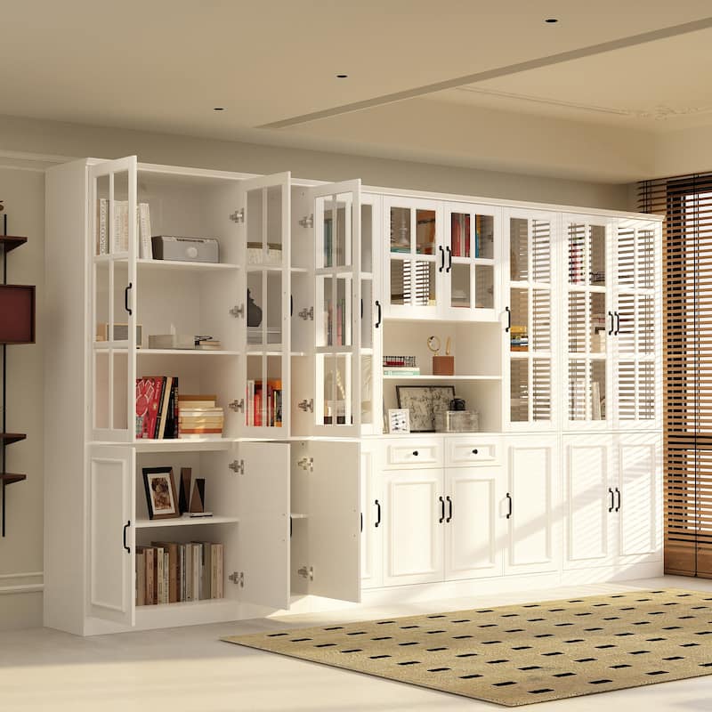 78.7"H Combo Buffet Sideboard White Curio Bookcase Cabinet Glass Door